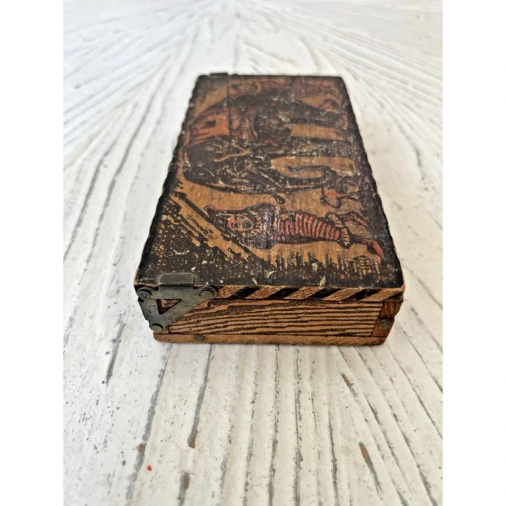 Antique Wood Pyrography Box Circus Clowns Elephant Unique Hinges 2.5 x 5